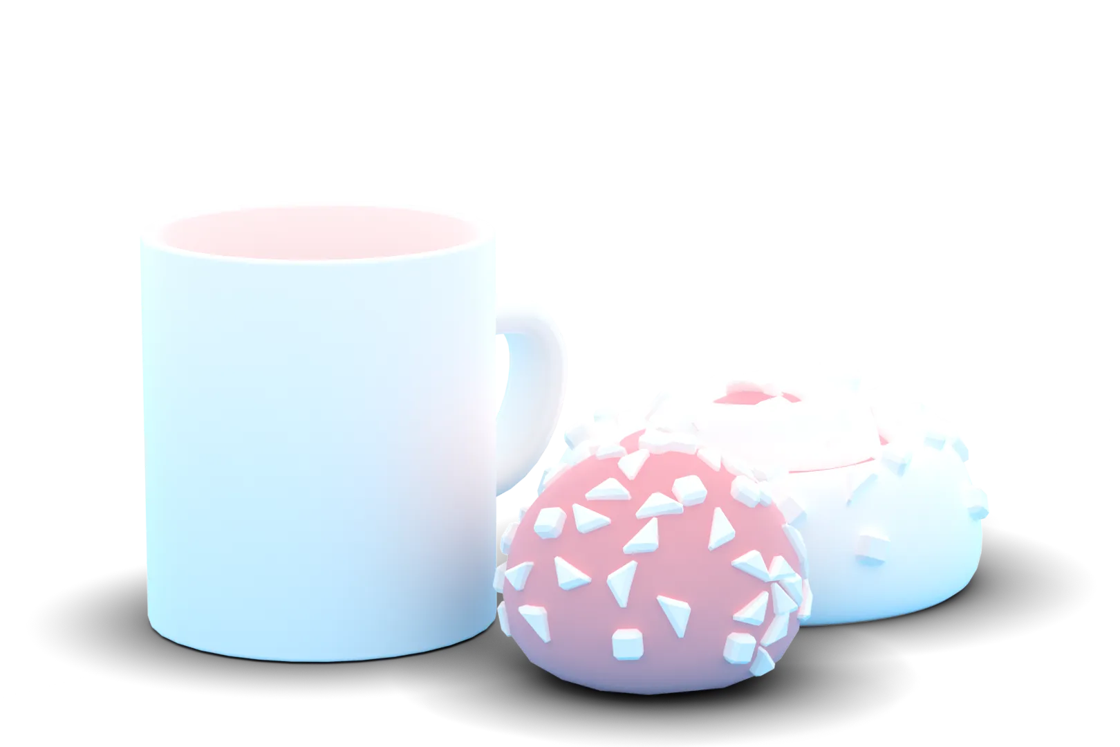 En 3D rendering av ett fika i transfärger med en kaffekopp, kanelbulle, och chockladboll.